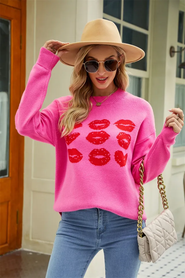 Women's Valentine's Day Love Lip Sweater Rose Red - Shop at LoveMi
