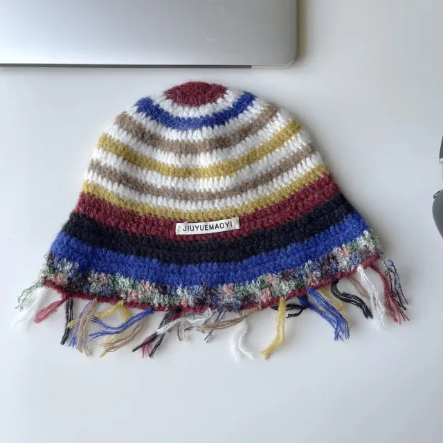 Vintage Handmade Crochet Tassel Bucket Hat Colorful Stripes Woolen Cap Bucket Hat Burgundy - Shop at LoveMi