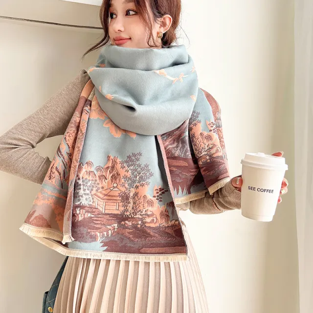 Vintage Plum Scarf Women's Artificial Cashmere Thickened Double sided Student Shawl Sky Blue - Shop at LoveMi
