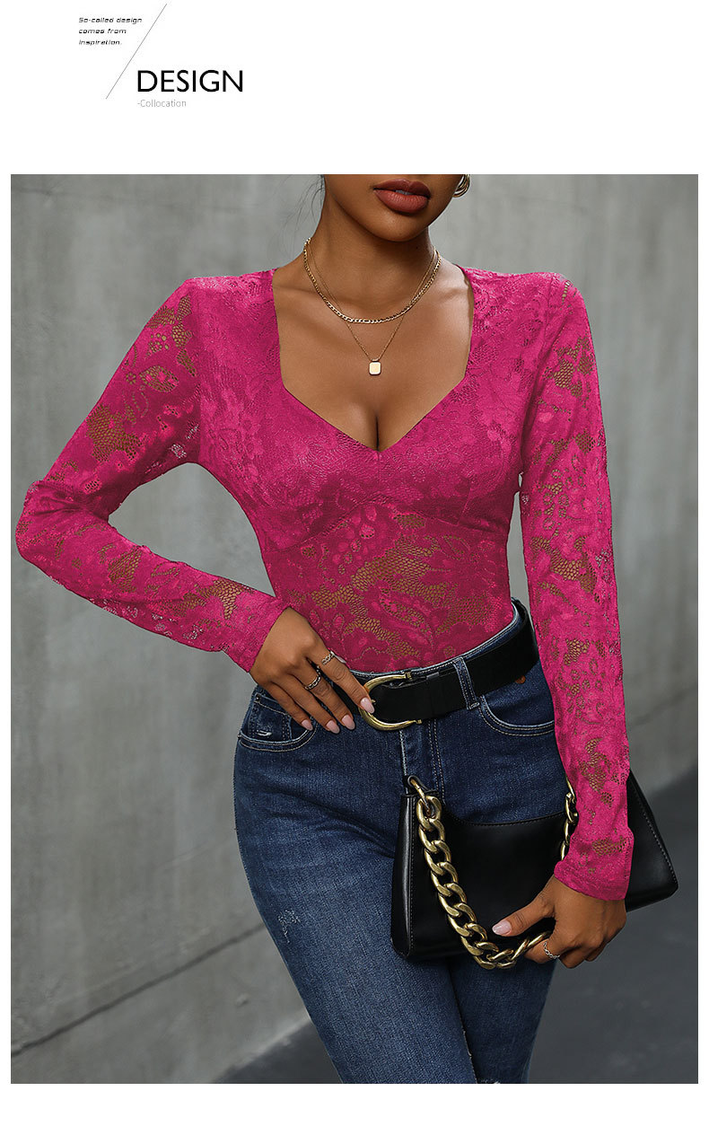 Women’s Lace Long Sleeve Bodysuit – Deep V Neck Solid Top
