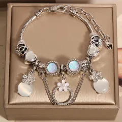 Women's Mori Style Pink Cat's Eye Cute Flowers Pendant Bracelet - White - View 1