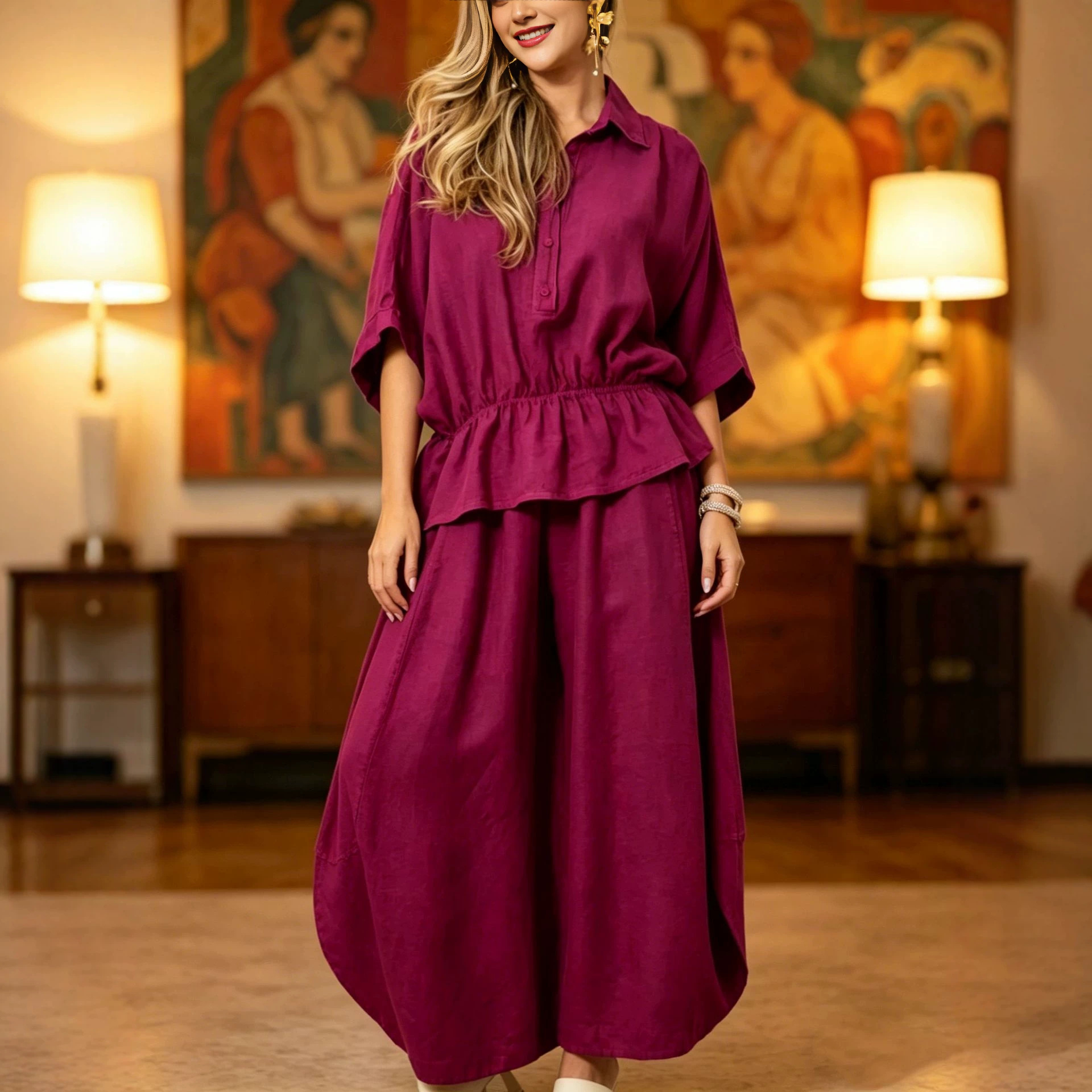 Plus-size Womens Loose Casual Belted Shirt And Wide-leg Pants Set