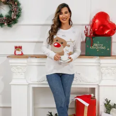 Ladies Cartoon Christmas Reindeer Crew Neck Pullover Sweater - Beige - View 1