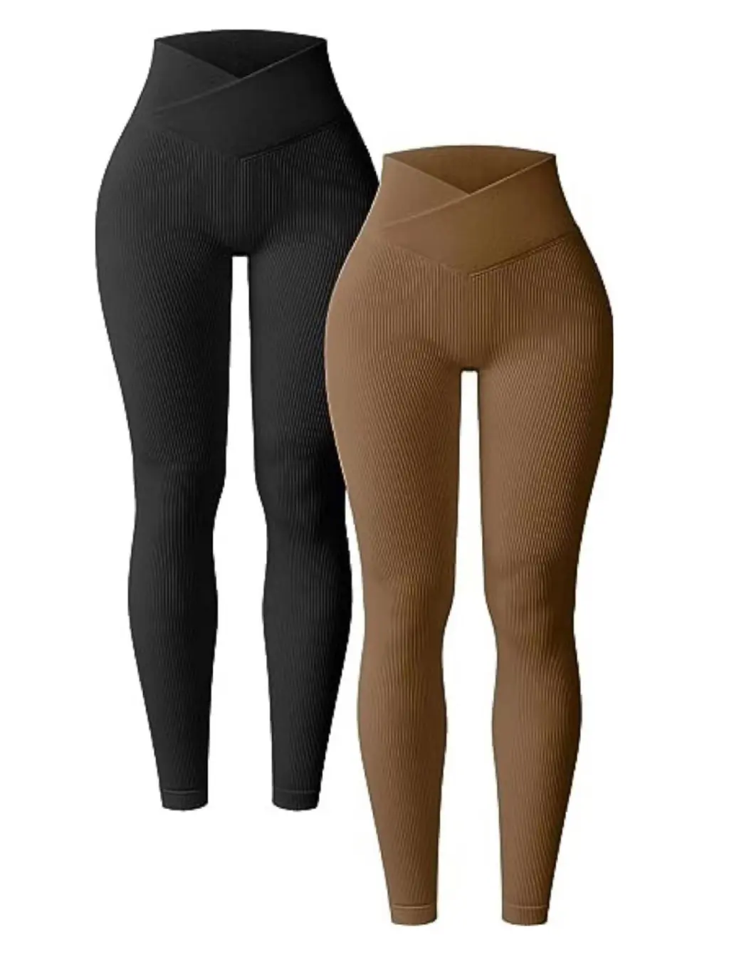 Rib High Waist Cross Sports Bottoming Casual Trousers - Black Brown