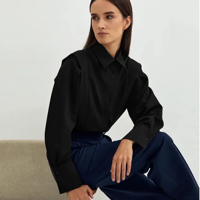 Niche European, American And French Style Commuter Right angle Shoulder Slimming Shirt Women's Long Sleeve Stitching Sense Black - Shop at LoveMi