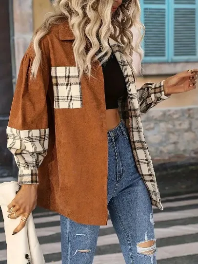 Plus Size Vintage Jacket Plaid Jacket Long sleeved Lapel Shirt Light Brown - Shop at LoveMi