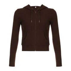 Slim Fit Sunken Stripe Knitted Hooded Zipper Pocket Coat Women - Brown - View 1