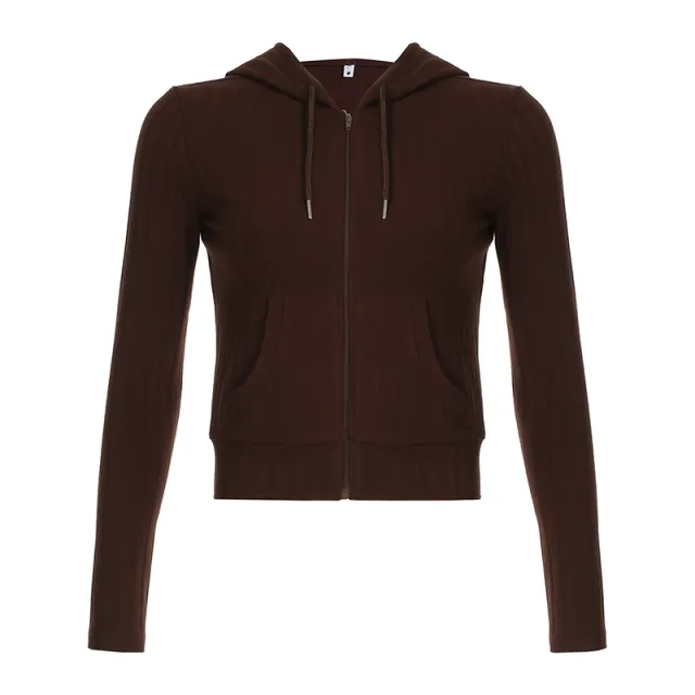 Slim Fit Sunken Stripe Knitted Hooded Zipper Pocket Coat Women Brown - Shop at LoveMi