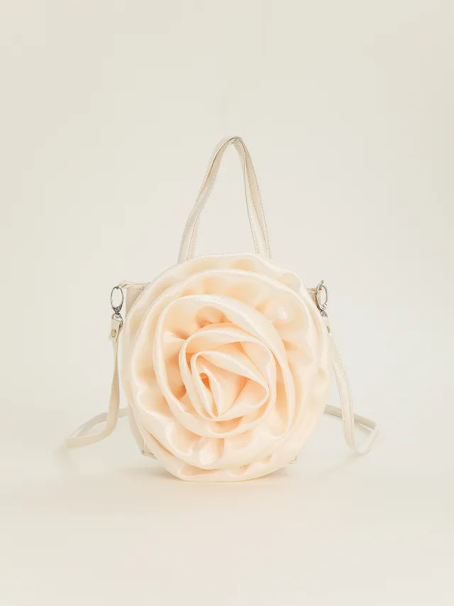 Satin Satin Three dimensional Rose Flower Shape Portable Crossbody Party Wedding Female Dinner Bag Beige - Shop at LoveMi