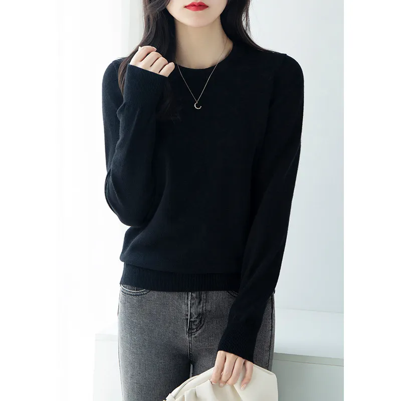Autumn And Winter Half High Collar Loose Knitted Bottoming Shirt Sweater For Women - Black