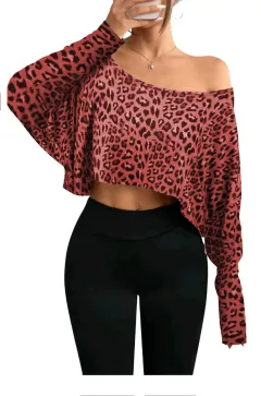 Women's Fashionable And Elegant Off-shoulder Leopard-print Top - Wine Red - View 1