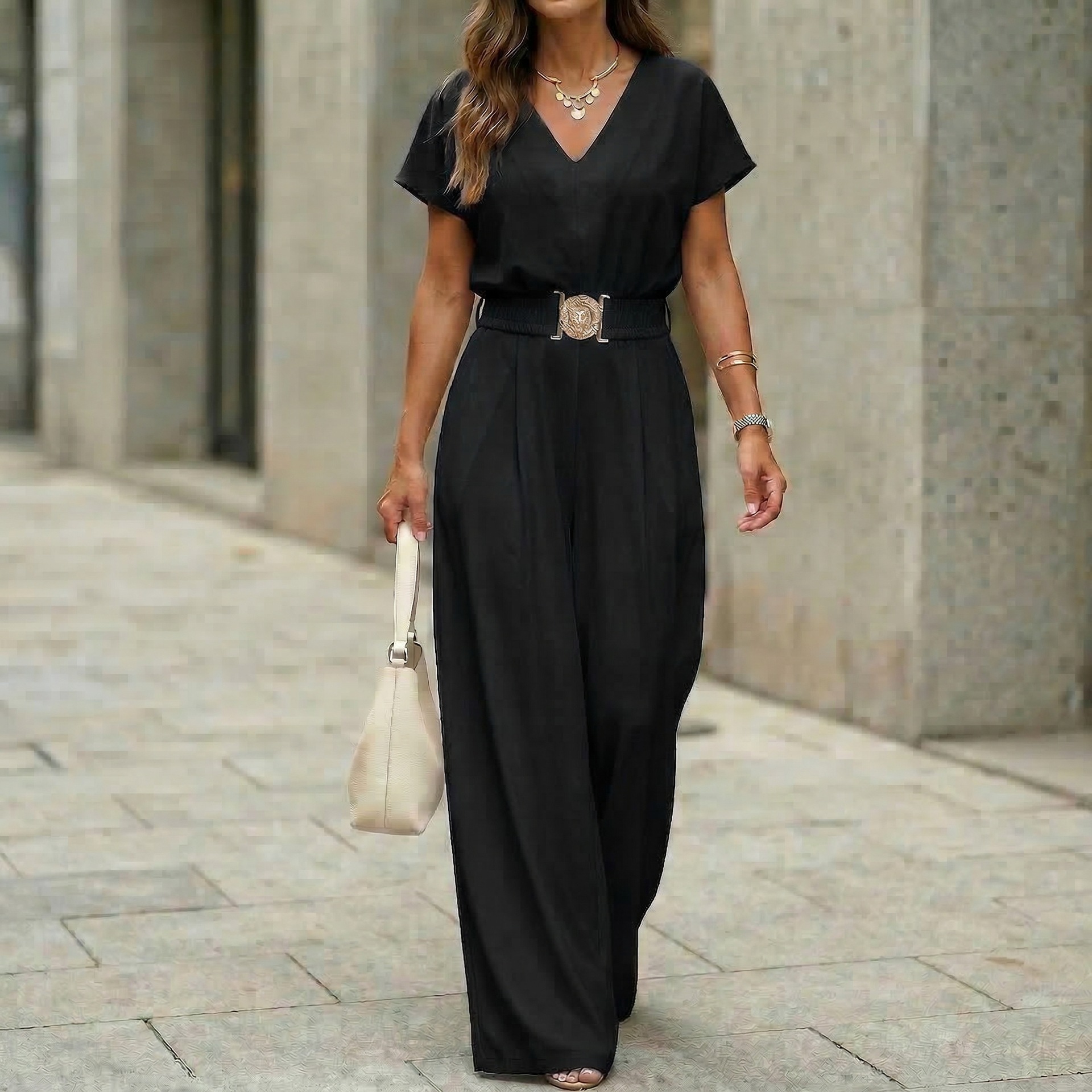 Women's V-neck jumpsuit in black, elegant commuter style full outfit