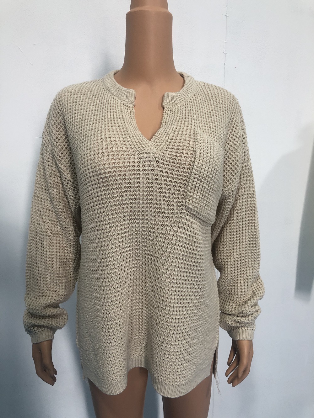 Women's Top Knitted Pullover Long Sleeve V-neck Pocket Solid Color Sweater
