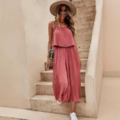 Camisole Tube Top Pleated Loose Fashion Jumpsuit - Watermelon Red - View 1