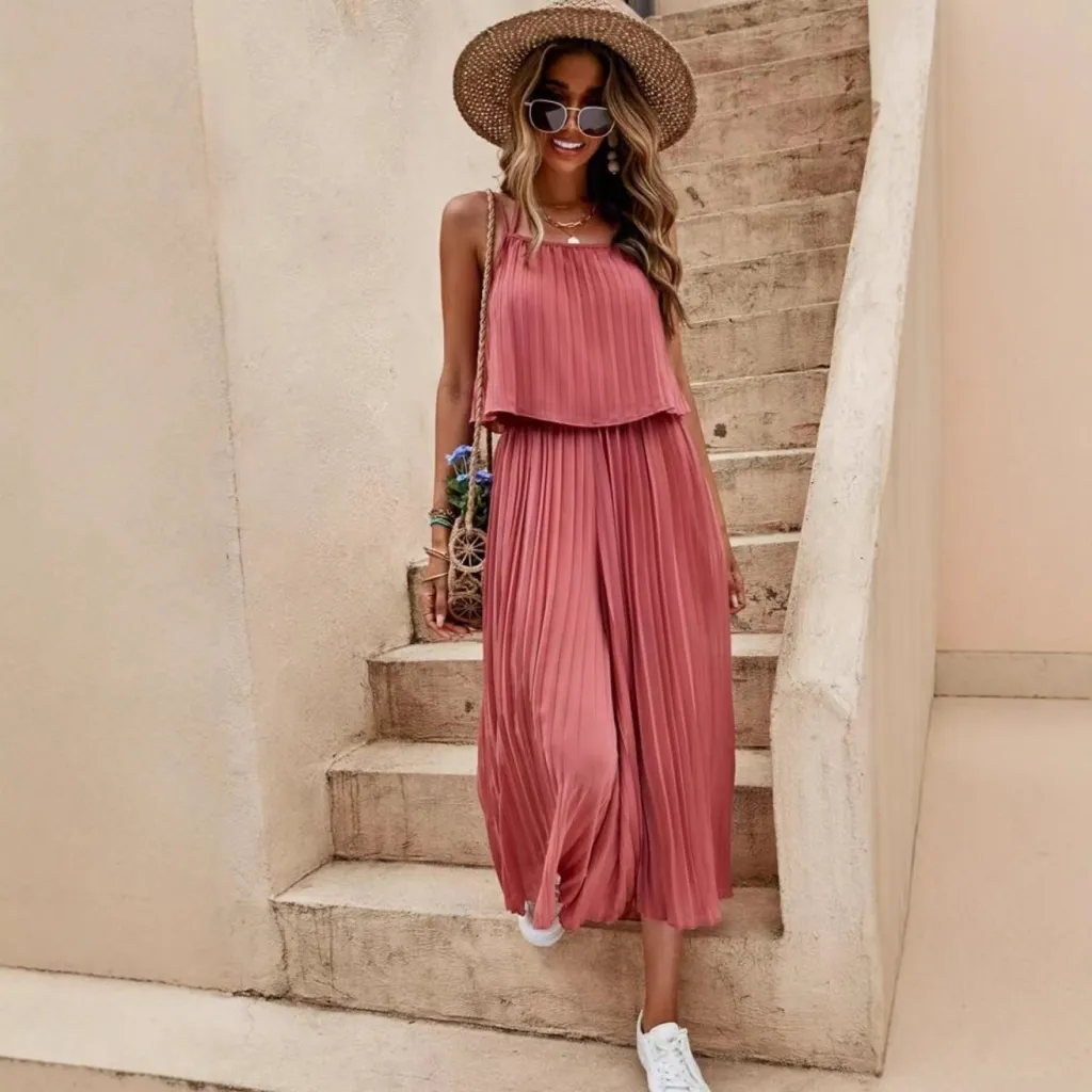 Camisole Tube Top Pleated Loose Fashion Jumpsuit - Watermelon Red
