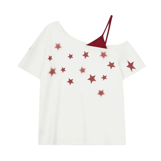 Five pointed Star Printed Sloping shoulder Off The shoulder Short sleeved T shirt For Women White - Shop at LoveMi