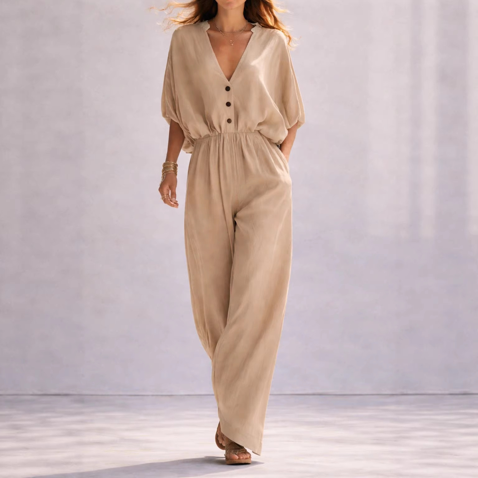 Women's Summer V-Neck Loose Jumpsuit 13 2066a0f3 d84a 4fa9 8be2 2e33e4dbb6c0