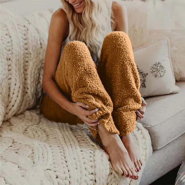 Double sided Velvet Home Wear Women's Solid Color Loose Plush Pajama Pants Caramel M - Shop at LoveMi