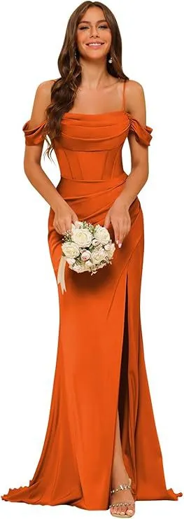 Off the shoulder Satin Bridesmaid Corset Ball Gown Orange - Shop at LoveMi