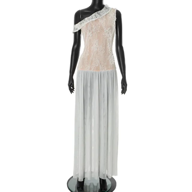 European And American Slant Shoulder Lace Mesh Elegant Long Dress White - Shop at LoveMi