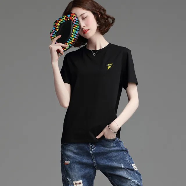 Women's Stylish Loose Round Neck Short Sleeve T shirt Top 1722 Black - Shop at LoveMi