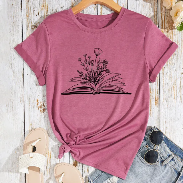 Women's Flower Book Print Loose Cotton like Plus Size Round Neck Short Sleeve T shirt For Women Purple - Shop at LoveMi