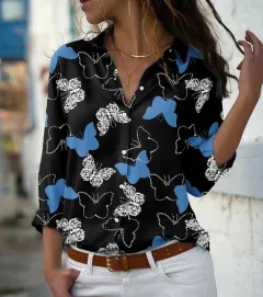 Autumn New Butterfly Print Long-sleeved Shirt For Women - Blue - View 1