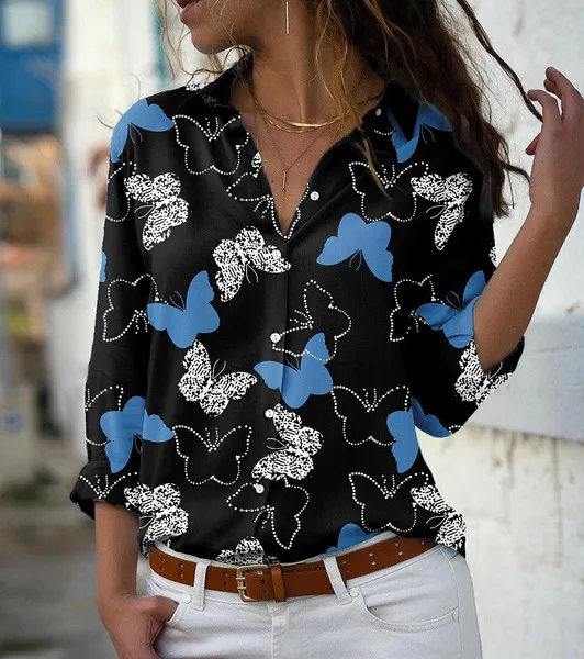 Autumn New Butterfly Print Long sleeved Shirt For Women Blue - Shop at LoveMi