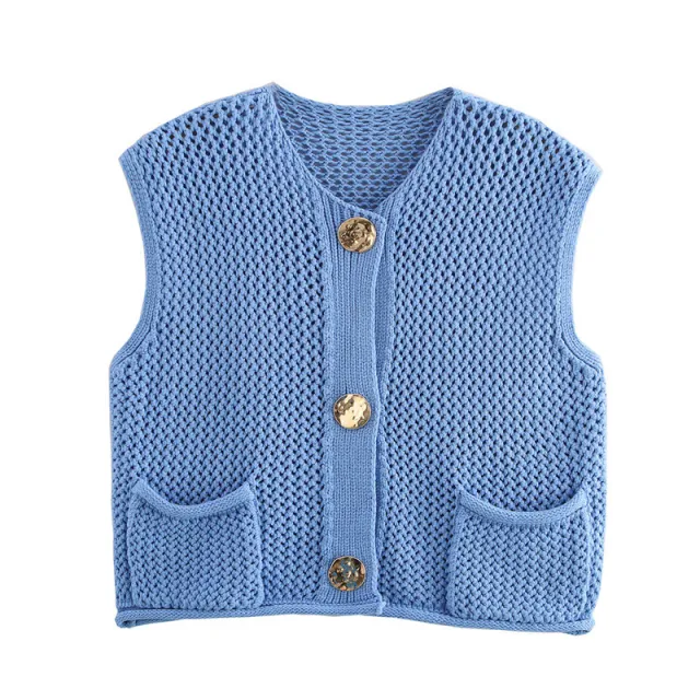 New Spring And Summer European And American Style Casual Breasted Thick Needle Knitted Vest Top Blue - Shop at LoveMi