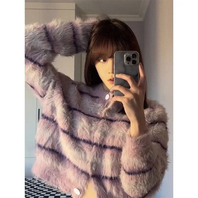 Small Short Coat Soft Glutinous Long Wool Top Purple Stripes - Shop at LoveMi