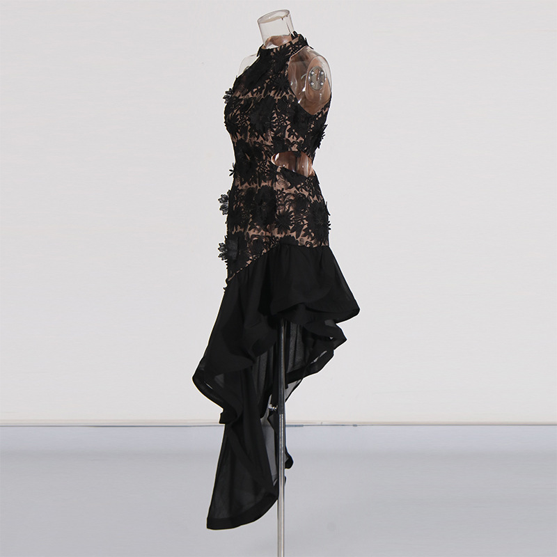 Women's Elegant Ruffled Embroidered Waist Sheath Dress