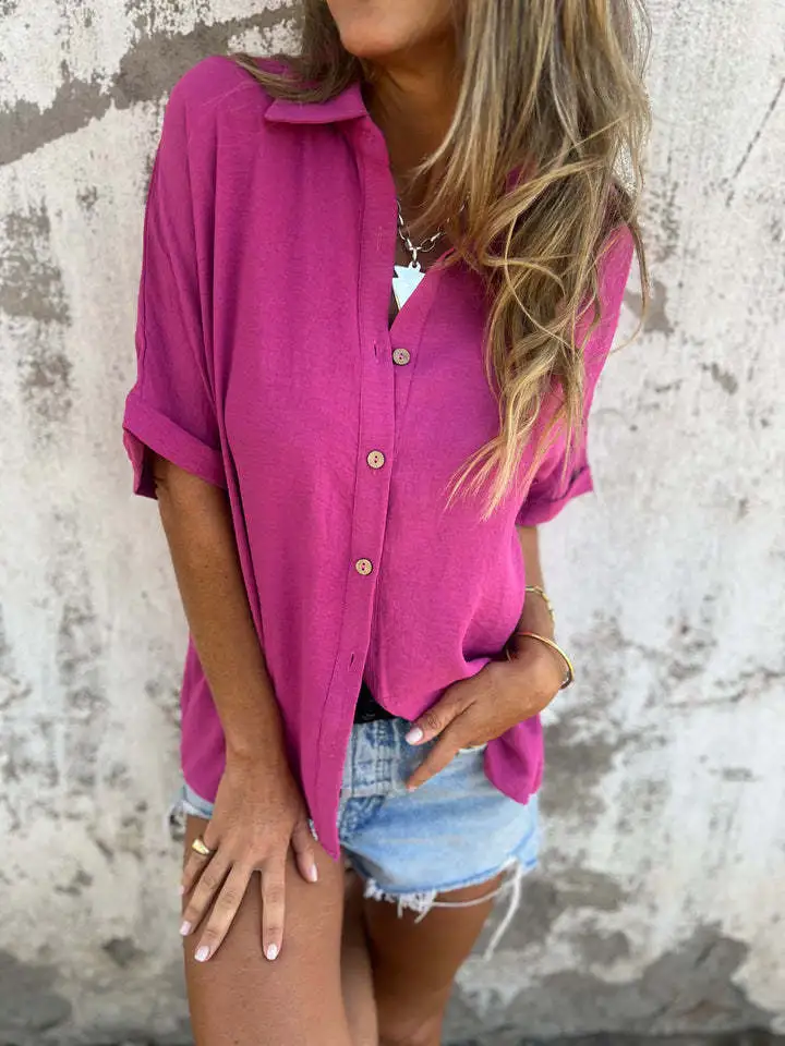 Women's Turn-down Collar Casual Blouse Tops Ladies - Rose Red