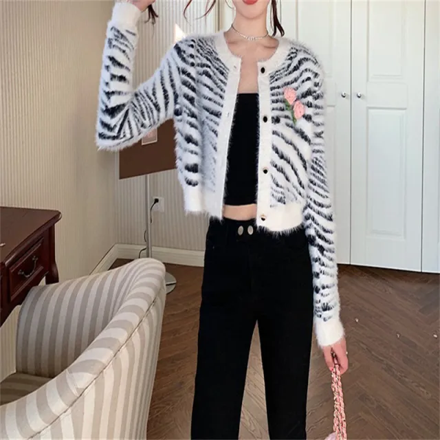 Mink Fur Zebra Pattern Knitted Cardigan Sweater Women's Coat White - Shop at LoveMi