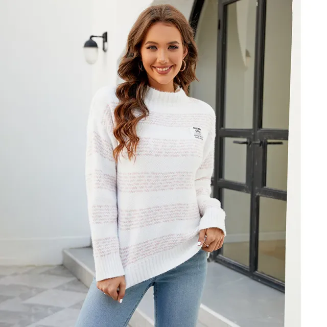 Women's Wool Rain Contrast Color Striped Turtleneck Sweater Pink - Shop at LoveMi