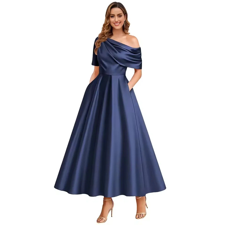 New Elegant And Sophisticated Satin Off-Shoulder Solid Color Dress 3