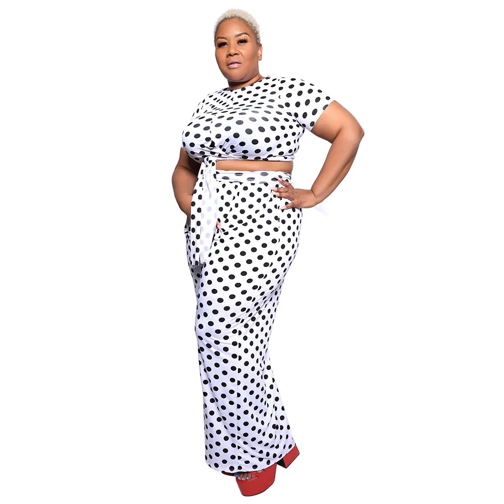 Women's Fashionable Casual Plus-Size Two-Piece Set With Polka-Dot Print - White