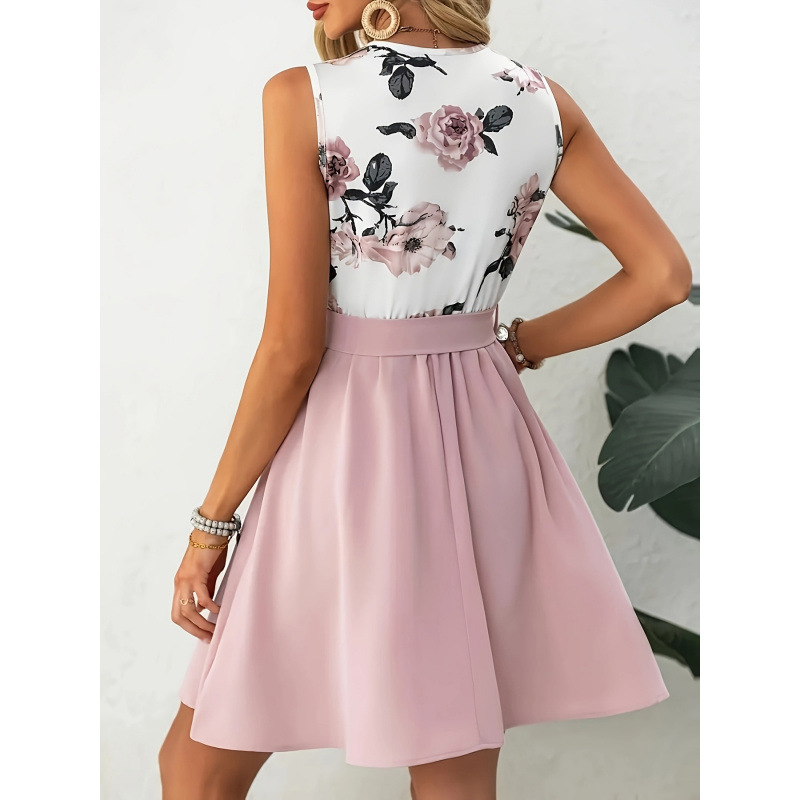 European And American Printed V-neck Sleeveless Dress With Belt