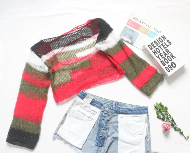 Hollow Short Backless Loose Pullover Multicolor Striped Long Sleeve Sweater - Shop at LoveMi
