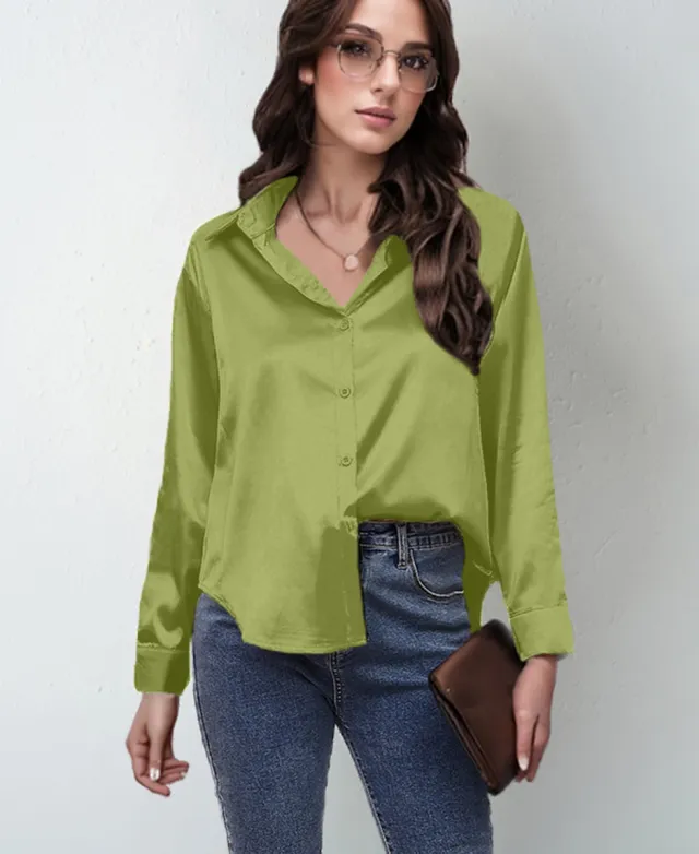 Women's Silk like Long sleeved Shirt Top Olive - Shop at LoveMi