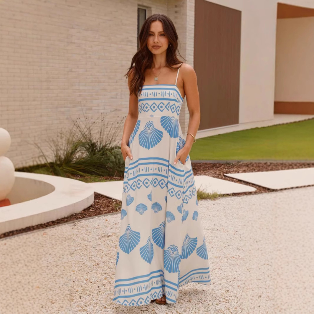 Shell-printed French-style High-waisted Full-skirted Slip Dress