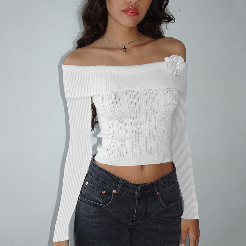 Off-shoulder Three-dimensional Flower Long Sleeve Sweaters