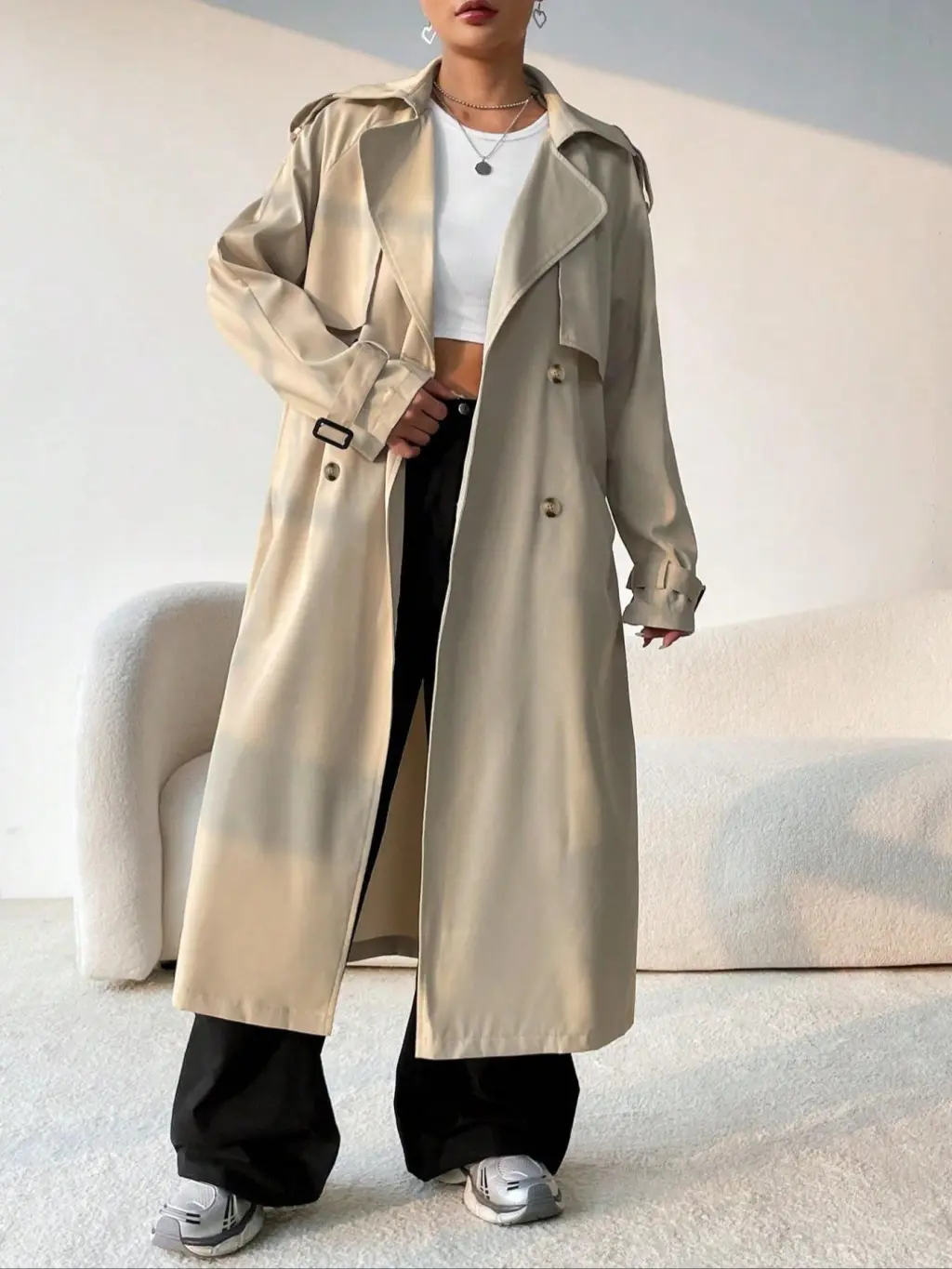 Elegant Long Solid Color Trench Coat - Khaki