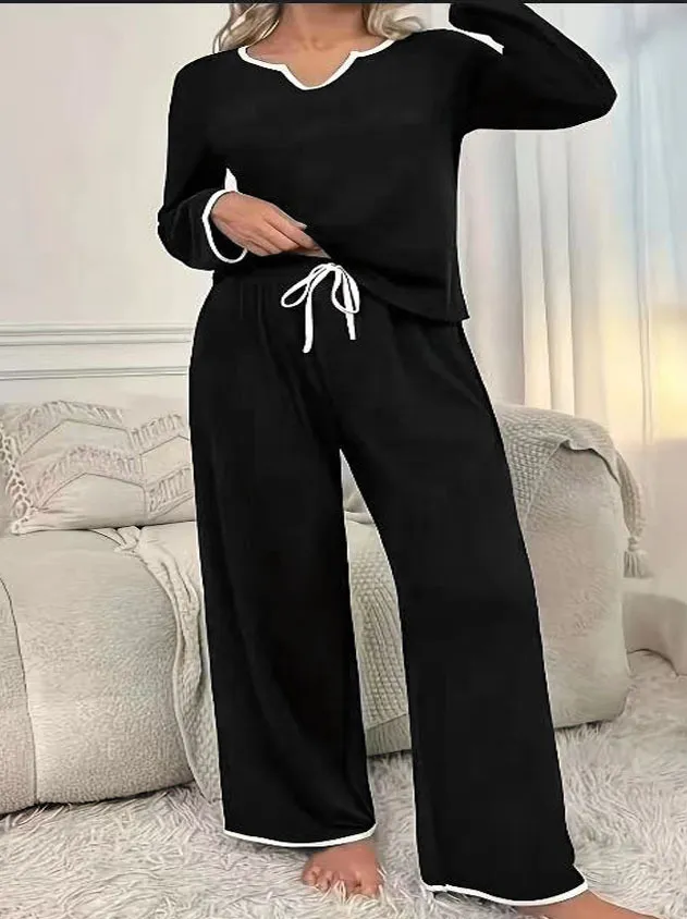 V neck Loose And Comfortable Home Drawstring Suit Women Black - Shop at LoveMi