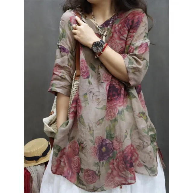 Vintage Floral Print Mid length Sleeves V neck Ramie Loose Western Style Artistic Casual Shirt Khaki - Shop at LoveMi