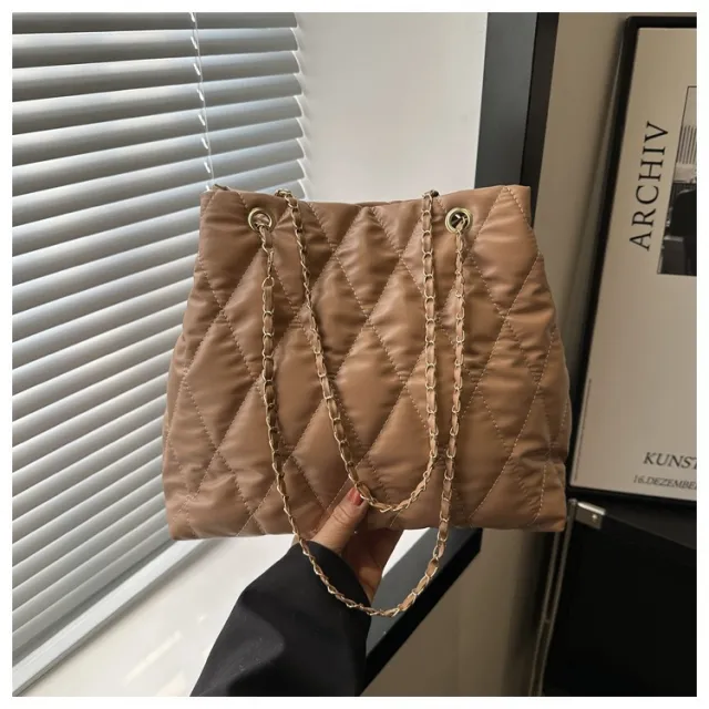 Popular Texture Rhombus Embroidery Thread Casual Large Capacity Simple Chain Shoulder Crossbody Underarm Bag Khaki - Shop at LoveMi