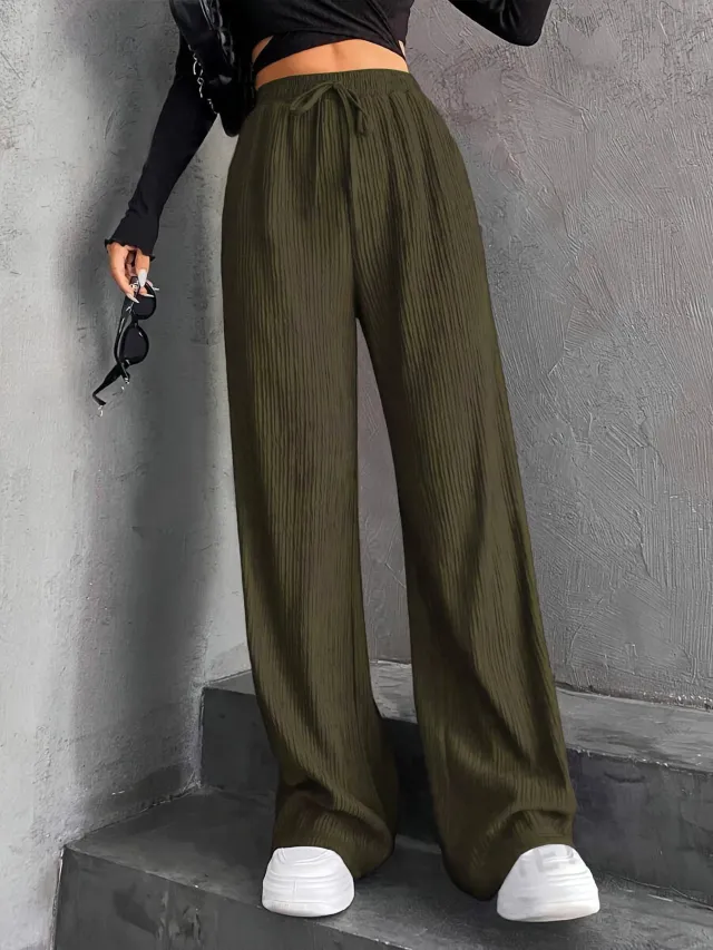 New Women's Elastic Waist Pinstripe Road Straight Wide Leg Army Green - Shop at LoveMi