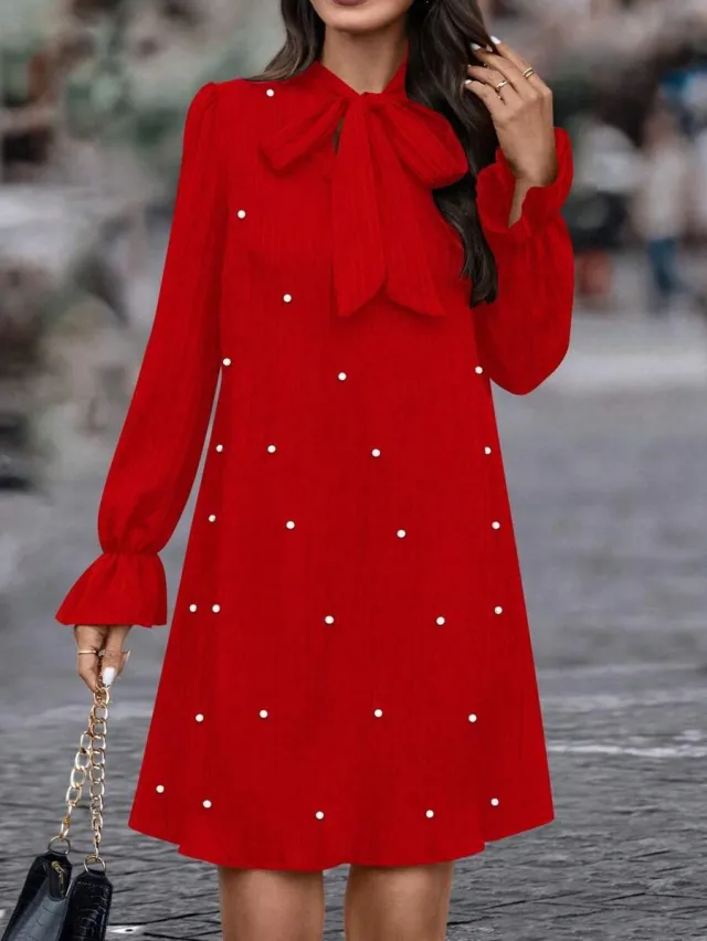 Women's Lace up Bead Long Sleeve Solid Color Loose Dress Red - Shop at LoveMi