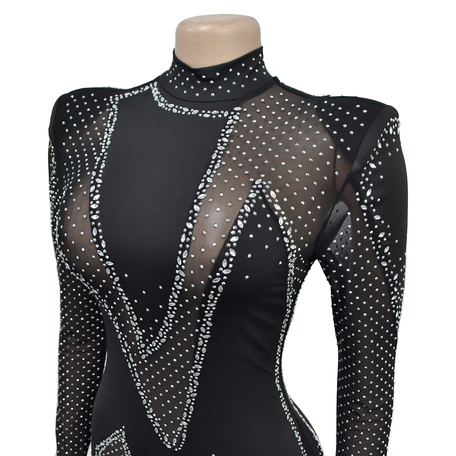 Title 13, Wear Pure Color Mesh Rhinestone Long-sleeved Tr...