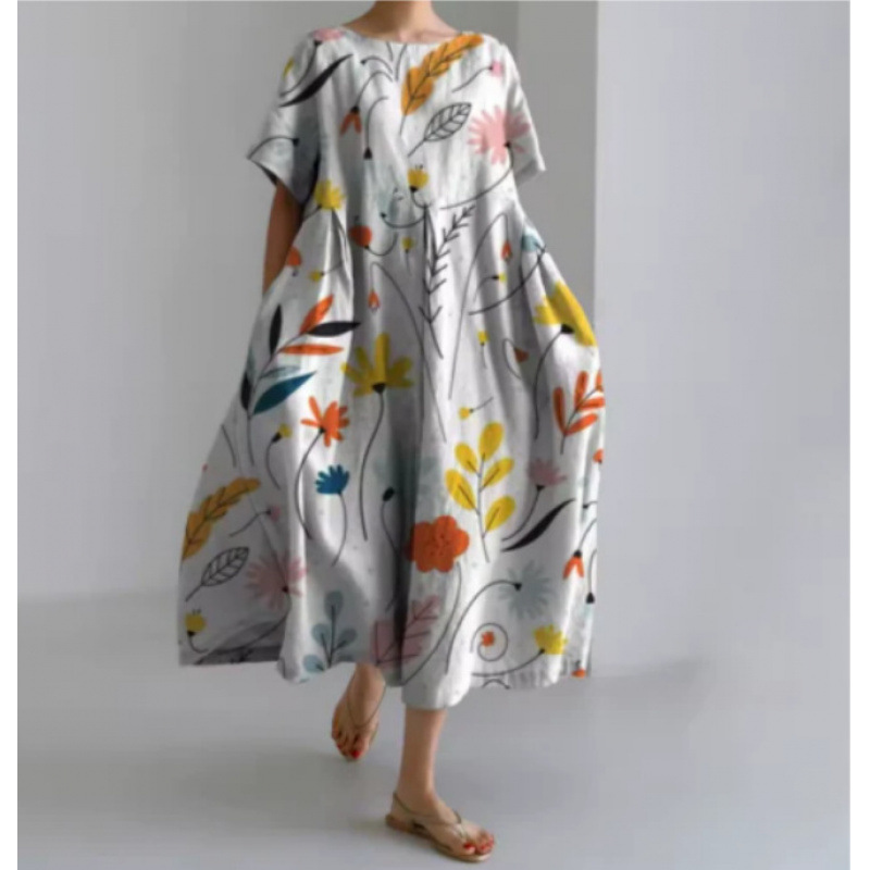 Women's Loose Round Neck Fashion Premium Short Sleeve Printed Dress