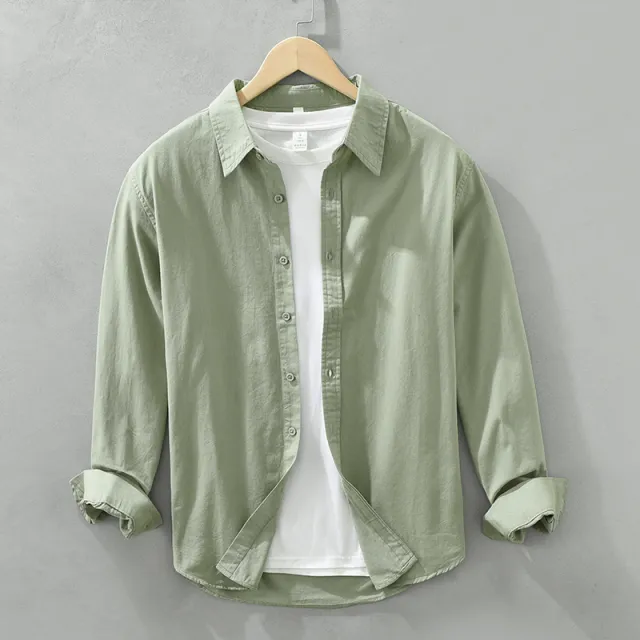Solid Color Long Sleeve Basic Men's Retro Casual Shirt Light Bean Green - Shop at LoveMi